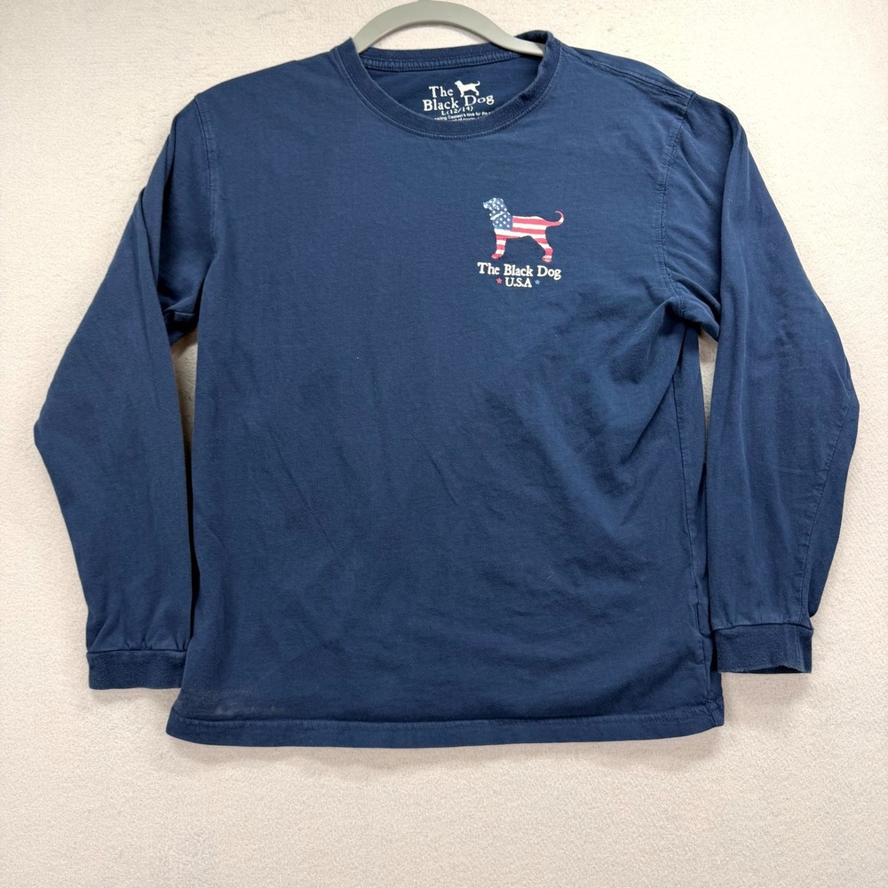 The Black Dog T-Shirt Boys Large Blue USA Flag Logo Life off the Leash Crew Tee